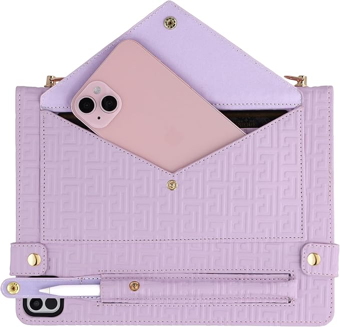 Handbag Case for iPad Pro 13-inch M5 2025/M4 2024, Techcircle Elegant Crossbody PU Leather Folio Envelope Pocket Stand Cover with Hand Strap+Shoulder Strap+Pencil Holder+Card Slots, Lavender