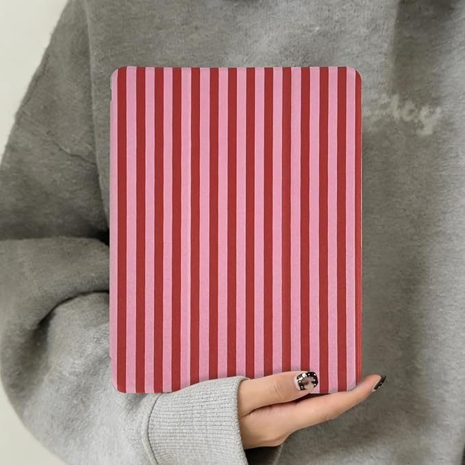 Lovmooful Compatible for iPad 9/8/7 (10.2-Inch,2021/2020/2019 Model,9th/8th/7th Generation) Case with Pencil Holder Cute Striped with Aesthetic Design Soft TPU Trifold Stand Protective-Red