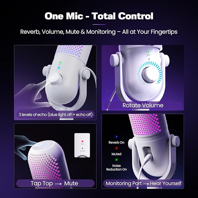 USB Microphone for PC Gaming: Condenser Microphone RGB for Gamer with Stand Mic - Recording Mic for Computer&Laptop with Qiuck Mute - Desk Podcast Mic for Podcast & Singing & Streaming & Youtube White