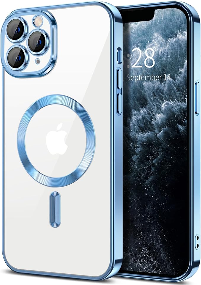 Hython Magnetic Clear for iPhone 11 Pro Max Case with Camera Lens Protector [Compatible with MagSafe] Plating Edge Slim Soft TPU Cover Protective Phone Case for iPhone 11 Pro Max 6.5", Light Blue