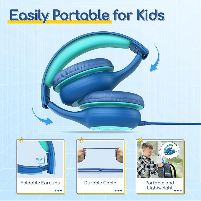EarFun Kids Headphones Wired with Microphone, USB Type C Headphones for Kids, 85/94dB Volume Limit, Portable Wired Headphone with Shareport, Stereo Sound Foldable Headset for School/Tablet/PC, Blue
