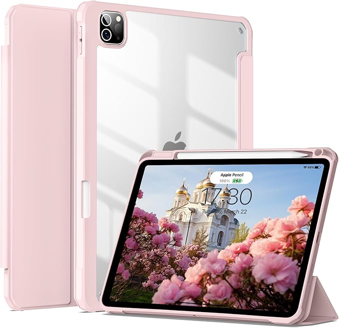 JKSML Case for iPad Pro 11, Case with Pencil Holder for iPad Pro 11 Inch 4th/3rd/2nd Generation 2022/2021/2020, Transparent Protective Cover for iPad Pro 11, Supports Pencil 2 Charging, Pink