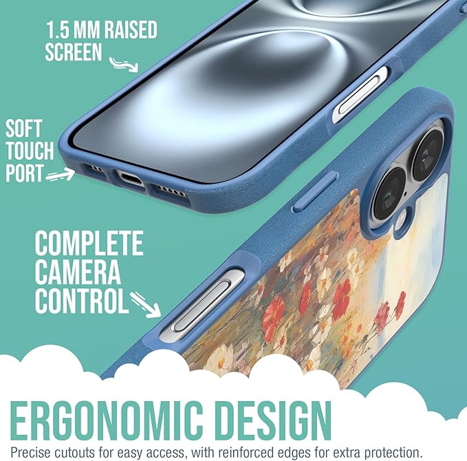 Smartish® iPhone 16 Magnetic Case - Gripmunk Compatible with MagSafe [Lightweight + Protective] Slim & Thin Grip Cover with Microfiber Lining for Apple iPhone 16 - Wildflower Fields