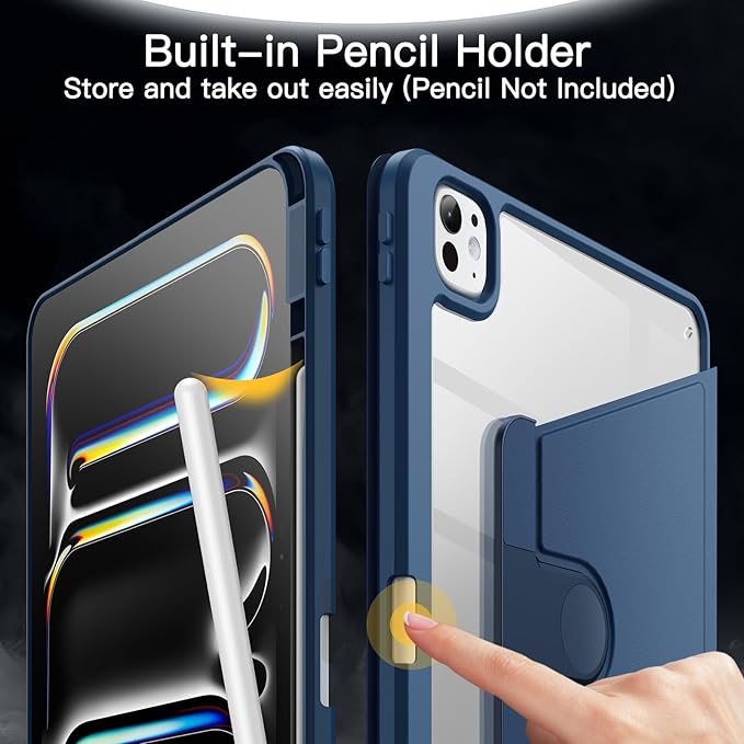 JETech Rotating Case ONLY for iPad Pro 13-Inch M5/M4 (2025/2024) with Pencil Holder, 360 Degree Rotation Protective Stand Cover Clear Back (Navy)