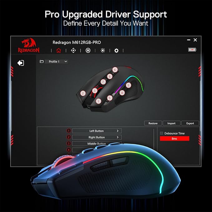 Redragon M612 PRO RGB Gaming Mouse, 8000 DPI Wired/Wireless Optical Mouse with 9 Programmable Buttons & 7 Backlit Modes, BT & 2.4G Wireless, Software Supports DIY Keybinds Rapid Fire Button