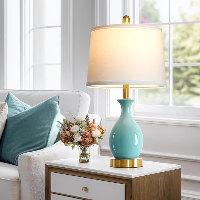 24″ Aqua Blue Ceramic Table Lamp for Living Room, Modern Classic Bedside Lamp for Nightstand, Small Table Lamp for Bedroom End Table (1 Pack)