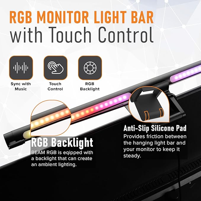 Beam RGB Monitor Light Bar | LED Monitor Lamp for Computer & Desk | Adjustable Backlight & Front White Light | Eye Caring Screen | Touch Control, USB Powered | Space Saving Clamp | Matte Black