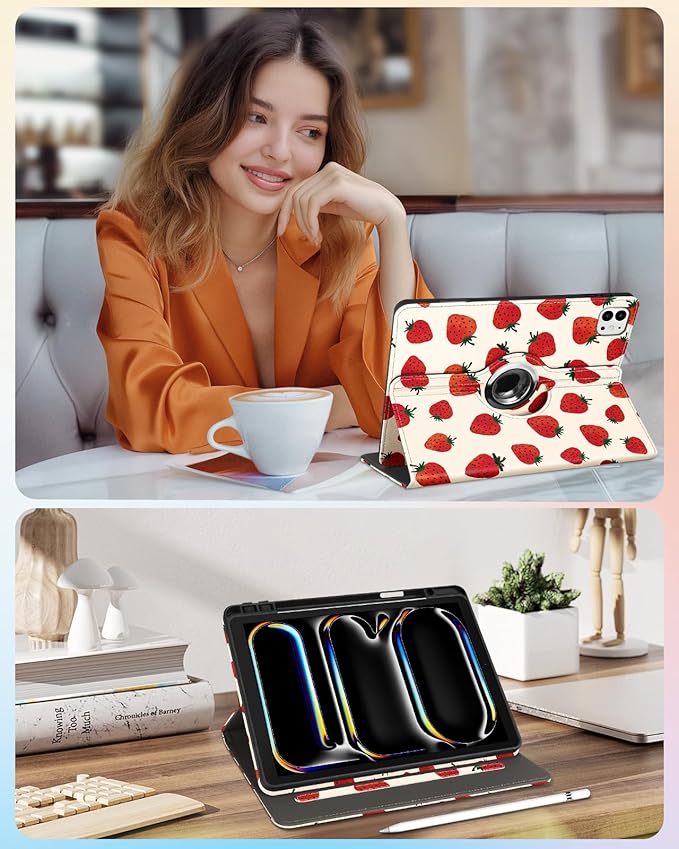 Kidcube for iPad Pro 13 Inch Case M4 2024 - Women Girls Kids Cute Rotating Stand Folio Cover with Pencil Holder & Card Slot Pretty Strawberry Design for iPad Pro 13 Inch Case 2024 (A2925 A2926 A3007)