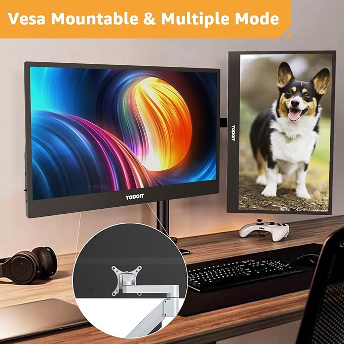Yodoit Portable Monitor for Laptop 1920×1080 17.3" FHD Screen IPS Display with USB Type C Port, Built-in Speakers and Smart Cover Compatible with PC, MacBook, Xbox (Black)