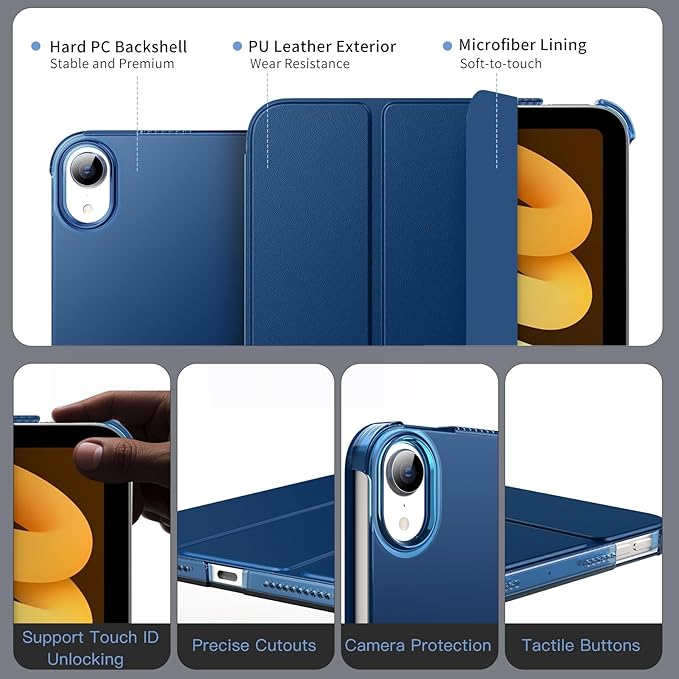 MoKo for iPad mini 7 (A17 Pro) Generation Case 2024, iPad mini 6 Case 2021, 8.3-inch Slim Lightweight Protective Hard Back PC Shell Stand Cover Support Touch ID, Auto Wake/Sleep, Dark Sea Blue