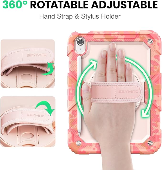 SEYMAC Case for iPad (A16) 11th/10th Generation 2025/2022 (11″/10.9″), Heavy Duty Full-Body Shockproof Protective Case with Screen Protector, Rotating Stand, Hand/Shoulder Strap, Multicolor/Pink