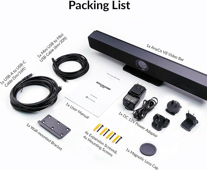 AV Access Conference Room Camera, Cascaded Up to 3 Mics for Large Room, 120° FOV 4K Webcam with 4 Microphones, Auto Framing, Speaker Tracking, Video Bar with 3.5mm Audio Out Dual Stereo Speakers