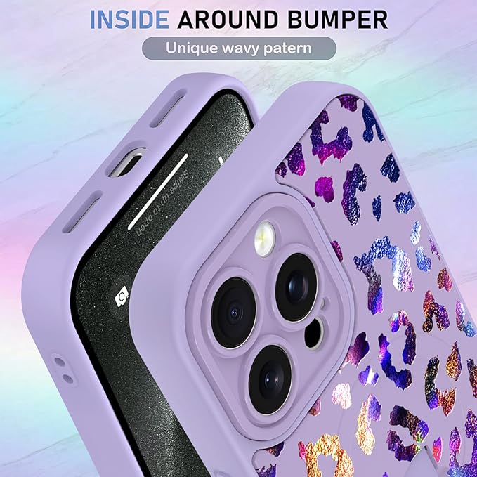 KANGHAR Compatible with iPhone 15 Pro Max Case, Support for MagSafe, Silicone Cute Iridescent Leopard Cheetah Pattern, Wristband Kickstand Shockproof Protective Slim Cover for Women Girls, Purple