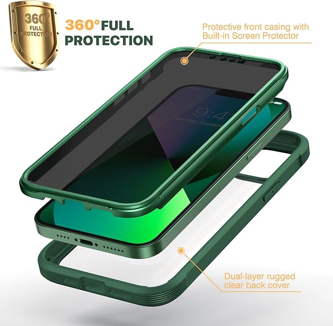 Diaclara Designed for iPhone 13 Case, Full Body Rugged with Built-in Touch Sensitive Anti-Scratch Privacy Screen Protector, Soft TPU Bumper Case for iPhone 13 6.1" (Green)