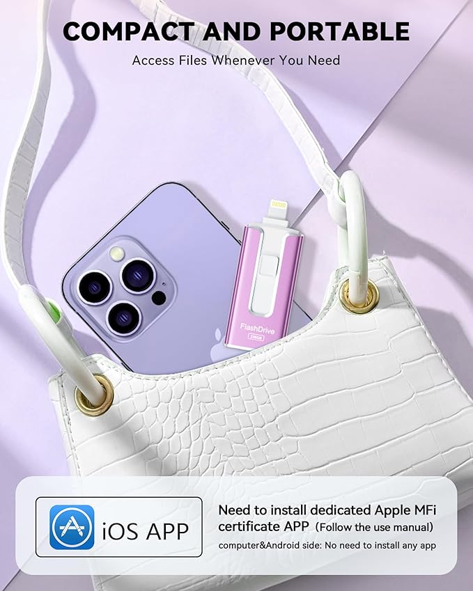 MFi Certified Flash Drive for iPhone iPad 256GB, Photo Stick for External Memory Storage, Easily Back Up and Save Photos Videos, USB Memory Stick Thumb Drive for iPhone/iPad/Android/PC (Purple)