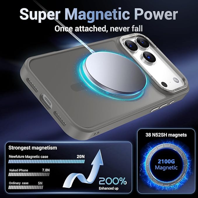 Newfuture Magnetic for iPhone 17 Pro Max Case [Compatible with Magsafe] [Military Grade Drop Protection] Translucent Matte Anti-Scratch Shockproof Protective Phone Cover 6.9 Inch, Titanium Gray