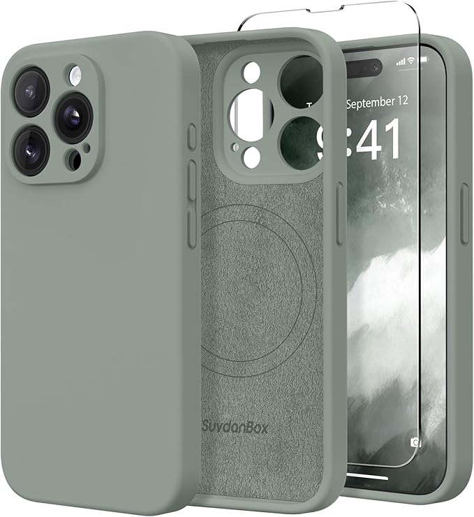 Magnetic for iPhone 15 Pro Case, Compatible with MagSafe, [Full Camera Protection][Screen Protector] Silicone Shockproof Protective Phone Case for iPhone 15 Pro 6.1", Calke Green