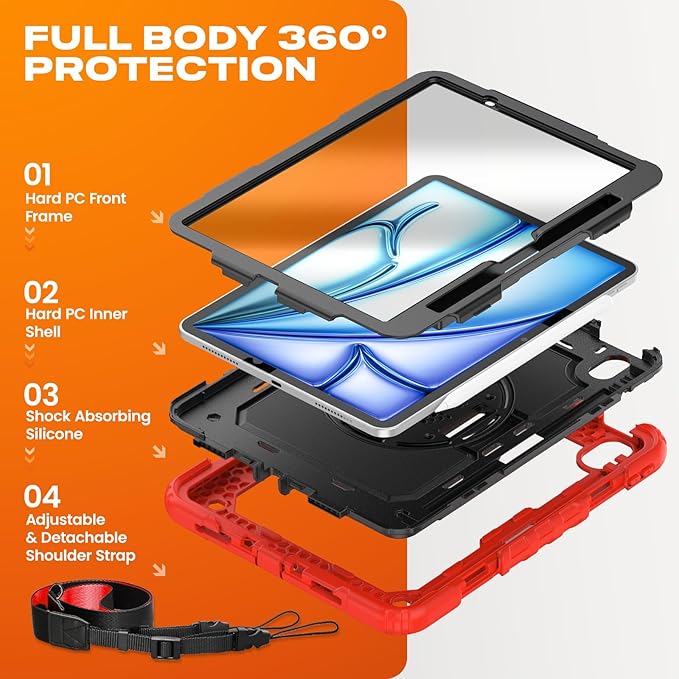 SEYMAC stock Case for iPad Air 11-inch M4-M2 2026-2024 (Gen 8-6), Shockproof Heavy Duty Case with Screen Protector, Pencil Holder, Rotating Stand, Hand Strap, Shoulder Strap, Red
