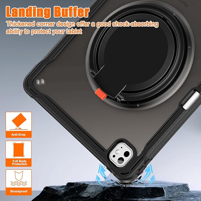 Batianda for iPad Pro 11 inch Case 2025 M5 2024 M4 Chip Lightweight Dual-Layer Protective Tablet Cover, Durable Shock-Absorbing Corners with 360° Rotating Kickstand Ring Built-in Pen Slot, All Black