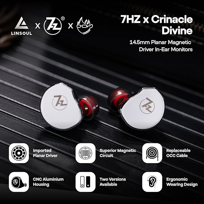 Linsoul 7Hz x Crinacle: Diablo/Divine in-Ear Monitors, 14.5mm Planar Magnetic Driver IEM,HiFi Earbuds with Detachable 2 Pin Single Crystal Copper Cable,Earphone for AudiophileDivine, Silver