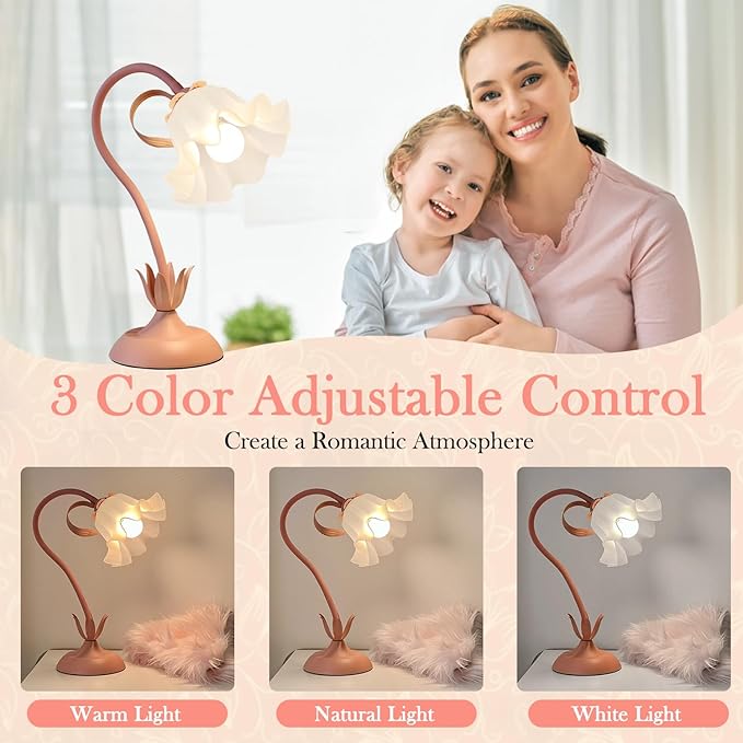 WERFOP Flower Table Lamp, LED Reading Light Vintage Bedside Table Lamp with 3 Color Modes for Nightstand, Kawaii Decoration for Home Bedroom Living Room (Pink)