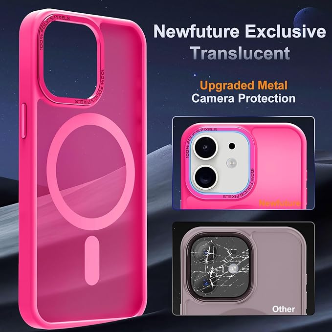 Newfuture Designed for iPhone 12 Case/iPhone 12 Pro Case with Magnetic [13 FT Military Drop Protection] [Compatible with Magsafe] Translucent Shockproof with Anti-Fingerprint Phone Case, Hot Pink