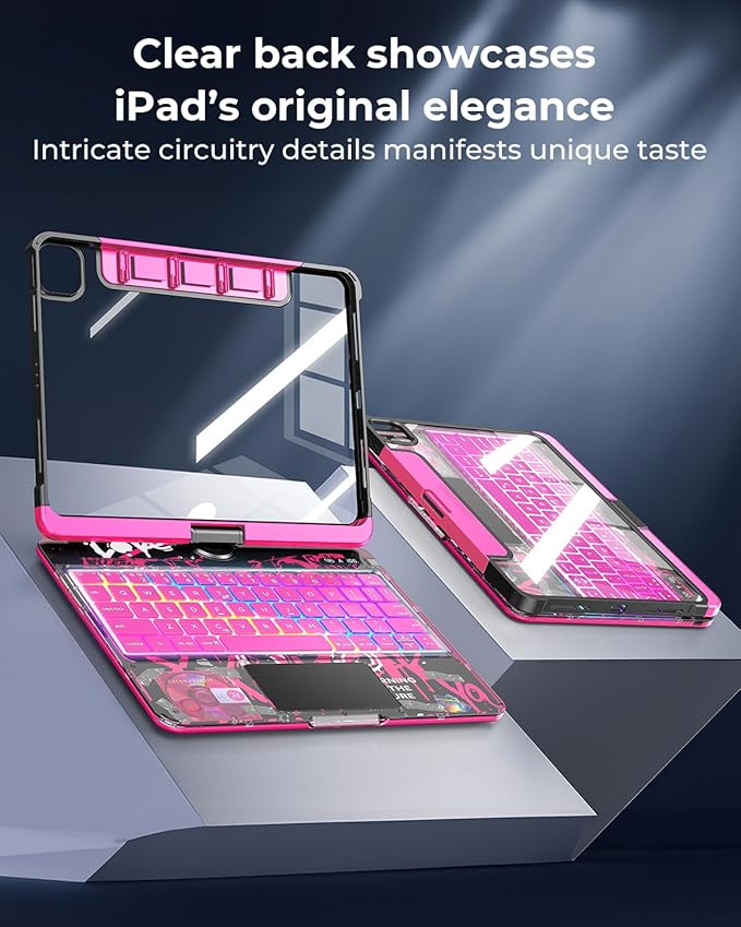 SIBEITU Keyboard Case for iPad Pro 11 Inch (M5 2025 / M4 2024), 360 Rotatable iPad Pro 11 Clear Cover with Multi-Touch Trackpad, 7-Color Backlight & 3 Brightness, High-Tech Visible PCB Design, Pink