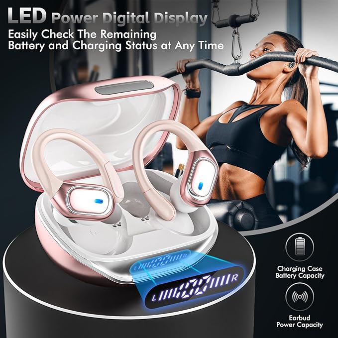 HAOYUYAN Wireless Earbuds Bluetooth 5.3 Headphones with 80H Playback, IPX7 Waterproof Over Ear Buds with LED Power Display for Sports Running Workouts（Champagne Gold）