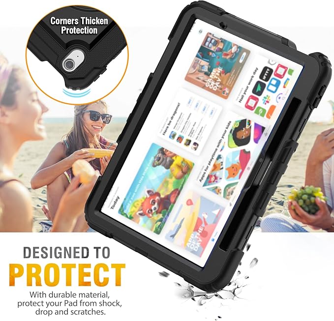 HXCASEAC Rugged Case for iPad Air 11 inch M4 M3 M2 (2026 2025 2024), Heavy Duty Protective Design with Pencil Holder, Screen Protector, Rotating Stand, Hand Strap, for iPad Air 11 Hard Case (Black)