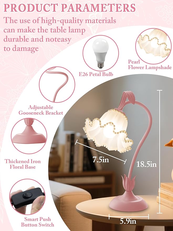 AQDZCNF Flower Table Lamp,LED Reading Light Bedside Vintage Flower Night Light,3 Colors Modes Kawaii Bedside Lamps Decor,Living Room Bedroom Room Lighting Table Lamps Home Decoration (Pink Pearls)