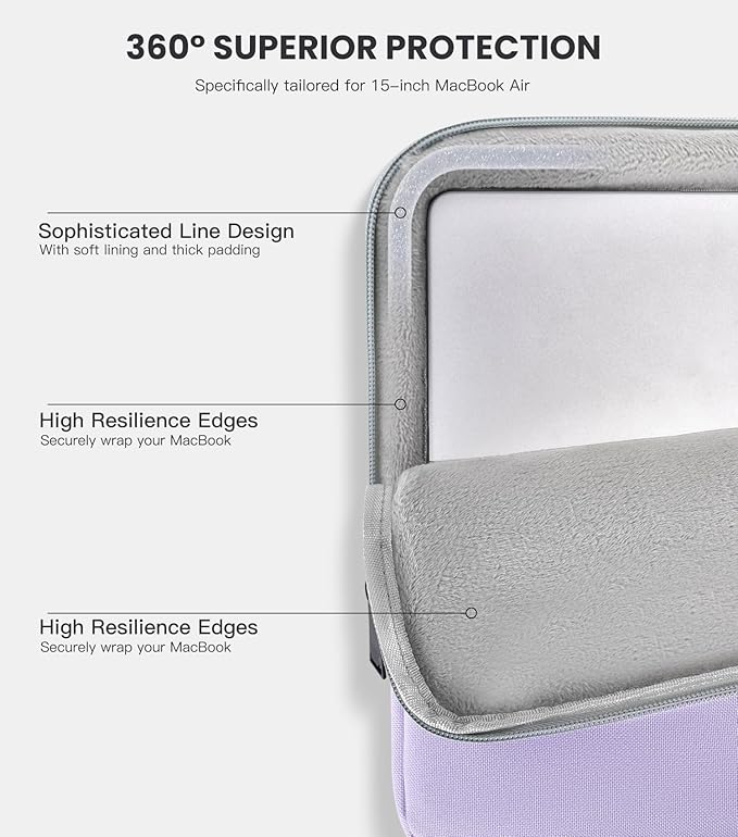 360° Upgraded Protective Laptop Sleeve for MacBook Air 15 inch M4 A3241 2025, M3 A3114 2024, M2 A2941 2023, 15-inch Shockproof Water-Resistant MacBook Case w/Accessory Pocket, Purple