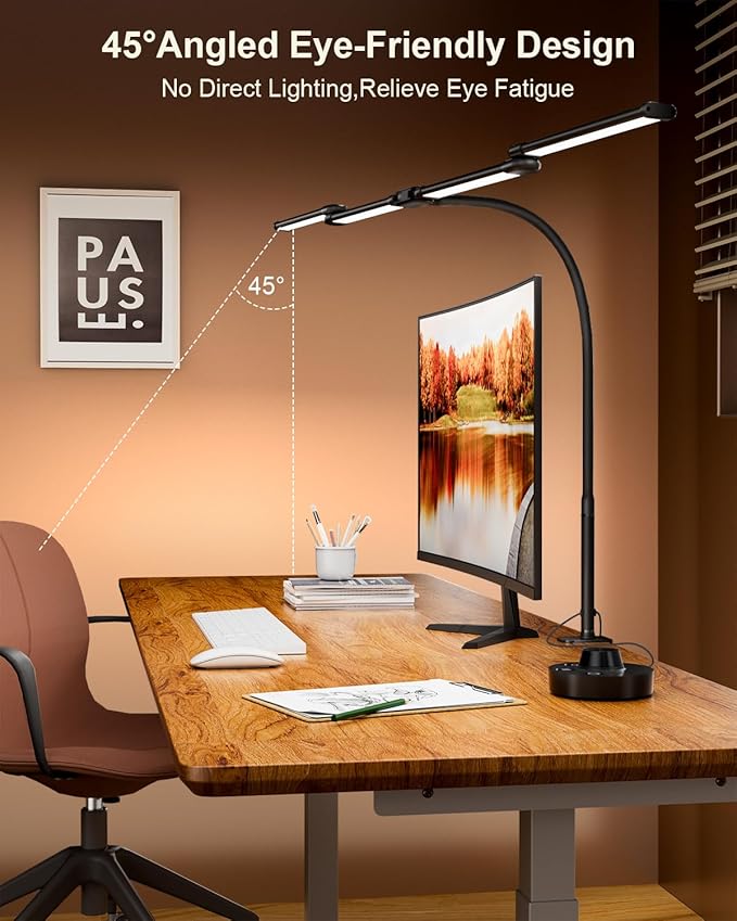 Desk Lamp Clamp Light 24W, Ultra Wide 4 Head Bars, 5 Color Modes Dimming, Multi-Screen Setup Desk Light for Office, Architect (Black, Adapter Included)