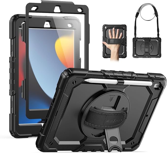 SEYMAC for iPad 9th/8th/7th Generation Case 10.2" 2021-2019, Full-Body Shockproof Heavy Duty Protective Case with Screen Protector, 360° Rotating Stand/Handle/Shoulder Strap for iPad 10.2, Black