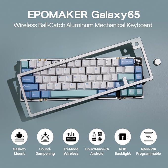 EPOMAKER Galaxy65 Wireless QMK/VIA Mechanical Keyboard, Ball-Catch Anodized Aluminum Custom Keyboard, Pre-Lubed Hot-Swappable Switch, RGB Backlit, Rotary Knob, 2.4Ghz/BT/Type-C (Silver)