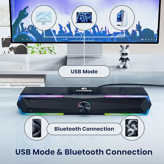 Tylubio Computer Speakers for Pc Desktop with Clear Sound, Flowing LED PC Speaker for Computer Desktop Laptop Monitor, Bluetooth & USB Input