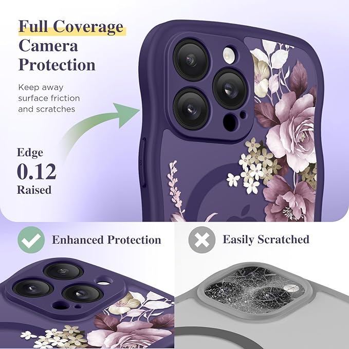 GVIEWIN for iPhone 14 Pro Case Compatible with MagSafe [Curly Wave Edge][Full Camera Protection] Floral Translucent Shockproof Magnetic Women Phone Case for 14 Pro, Cherry Blossoms/Deep Purple