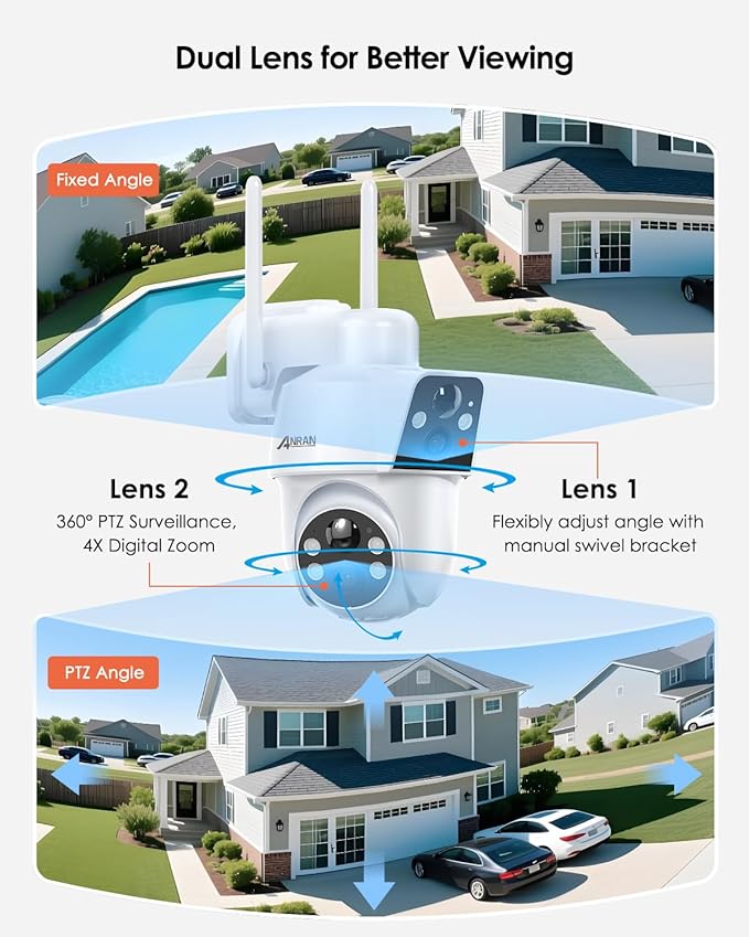 ANRAN 2 Pack Dual-Lens Solar Security Camera Wireless Outdoor - 3MP Fixed Wide-Angle + PTZ 360° View, Home Security Camera with Color Night Vision, 2-Way Talk, PIR Motion Detection, 100% Wire-Free