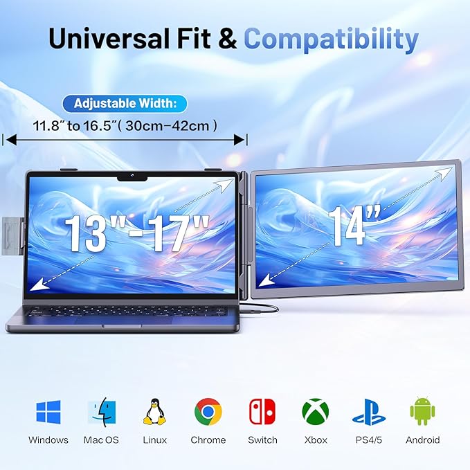Laptop Screen Extender, 14” FHD 1080P Portable Monitor for Laptop with 100% sRGB, Dual Screen Extender for Laptop 13–17.3”, Plug & Play External Monitor, Business Travel & Home Office