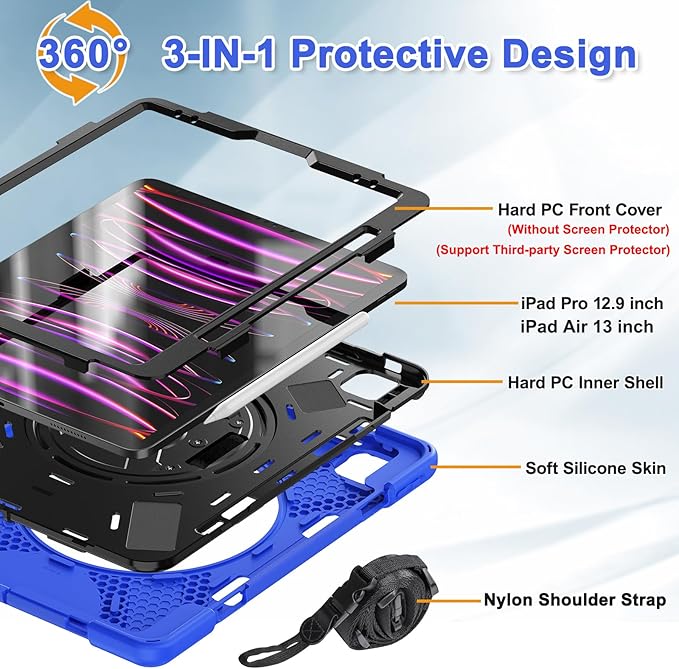 BRAECNstock Case for Apple iPad Air 13 inch (M4/M3/M2)/ iPad Pro 12.9 inch 6th/5th/4th/3rd Gen, Shockproof Protective Kids Case with Pencil Holder, 360° Rotating Stand&Hand Strap, Shoulder Strap, Blue