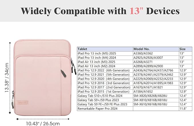 TiMOVO 13 Inch Tablet Sleeve with Shoulder Strap for iPad Air 13", iPad Pro 13"/ 12.9", Galaxy Tab S10 Plus/S10 FE+/FE Plus 12.4", Remarkable Paper Pro 11.8", Blush