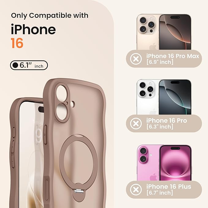 CAPRARO for iPhone 16 Case with 360° Spin Magnetic Stand for Women, [Compatible with MagSafe] [Full Camera Protection] Cute Wave Translucent Matte Case for iPhone 16, Brown