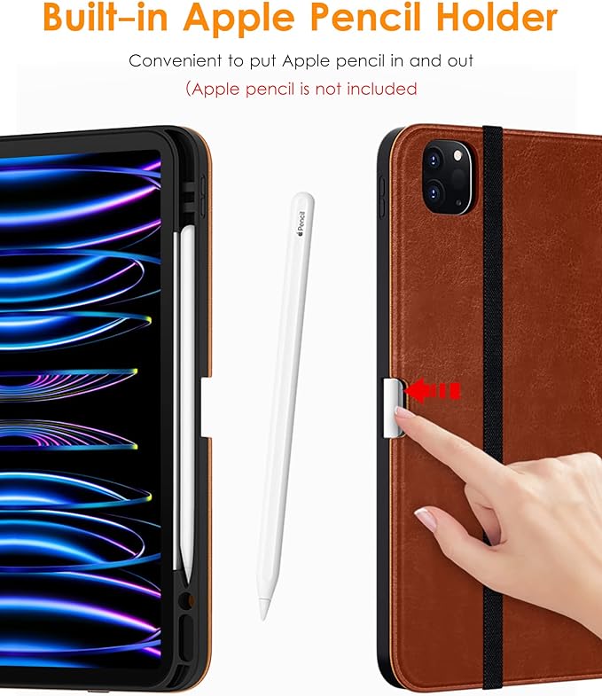 DTTO for iPad Pro 12.9 6th / 5th / 4th / 3rd Generation Case 2022/2021/2020/2018, Premium Leather Folio Stand Cover with Built-in Apple Pencil Holder -Auto Wake/Sleep and Multi Viewing Angles,Brown