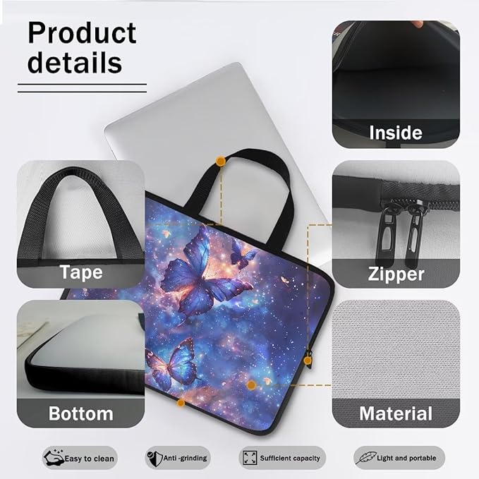 Galaxy Butterfly 12 Inch Laptop Bag Handle Chromebook Case Sleeve Computer Protect Pouch Holder Notebook Sleeve Neoprene Chromebook Cover Soft Carrying Travel Case for Women