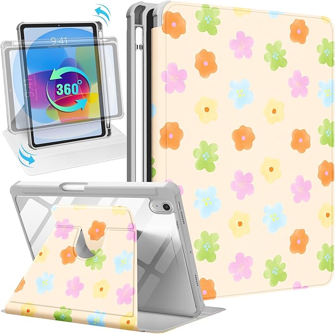 Uppuppy for iPad mini 7 Case (A17 Pro) for iPad mini 6th Generation Case - 360 Rotating Stand Folio Smart Cover with Pencil Holder for Women, Colorful Flowers for Apple Tablet Mini 8.3 inch 2024/2021