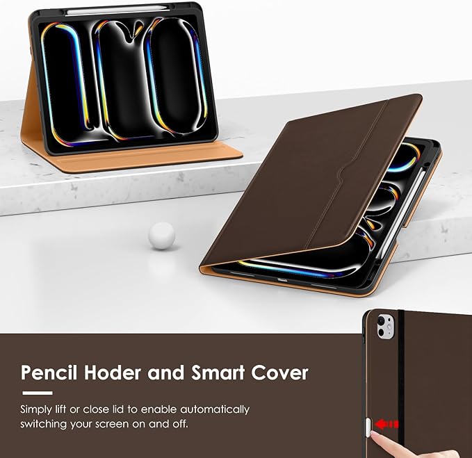 VIKESI Case for iPad Pro 13-inch M5 or M4 Released in 2025 or 2024, Leather Stand Cover with Apple Pencil Holder, Auto Wake/Sleep, Multiple Viewing Angles, Built in Hand Strap & Pocket,Dark Brown