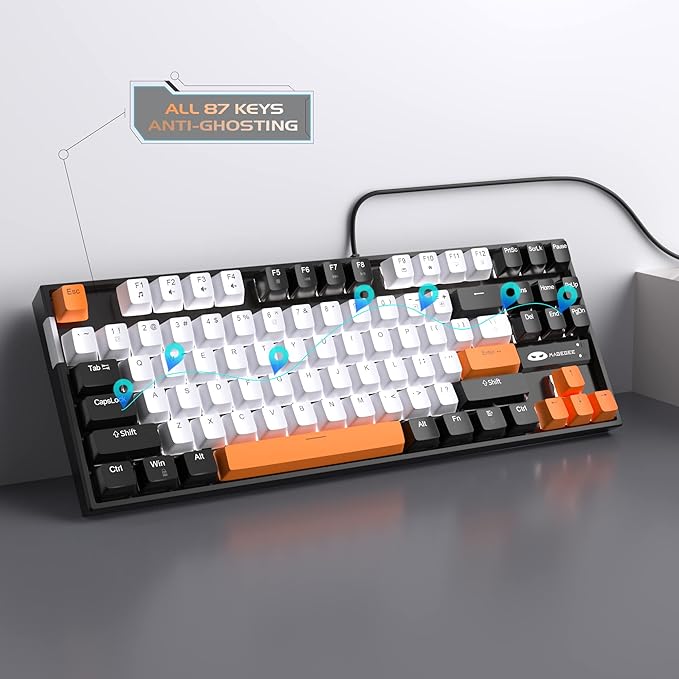 MageGee 75% Mechanical Gaming Keyboard, Yellow Switch, LED White Backlit, 87 Keys Compact TKL Wired Computer Keyboards for Windows Laptop PC Gamer - White/Black