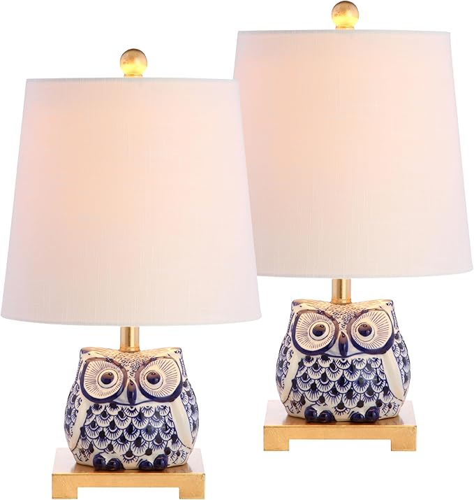 JONATHAN Y 16" Blue/White Ceramic Owl Mini Table Lamp for Bedroom or Office, Modern Farmhouse Nightstand Lamp with White Linen Shade, LED Bulb Included (JYL3014A-SET2)