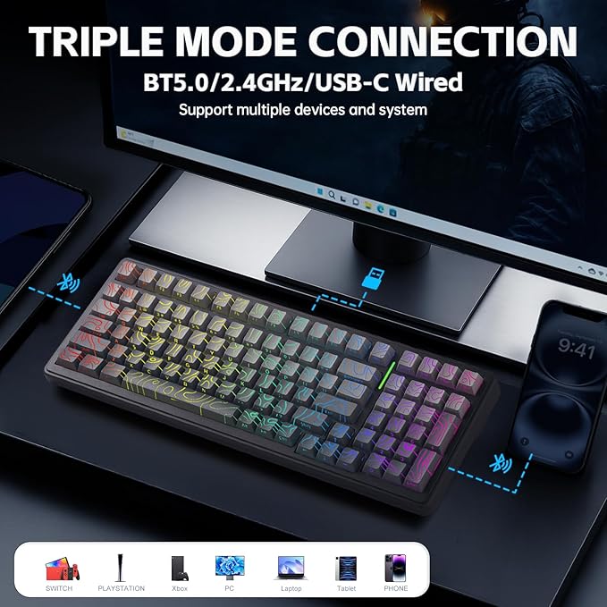 Aula F99 Keyboard Gaming Wireless Mechanical Keyboards Computer Bluetooth Creamy Keyboard Full Size Hot Swappable Custom RGB Backlit with 8000mAh Battery, Tri-Mode BT5.0/2.4GHz/USB-C (Gradient Grey)