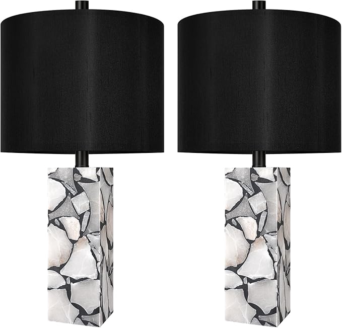 Scenekoy 23" Alabaster Table Lamps Set of 2 with Night Light for Living Room, Rotary Switch, Black Modern Table Lamp with Black Linen Shade, Nightstand Lamp for Bedroom Bedside Office (Bulb Included)