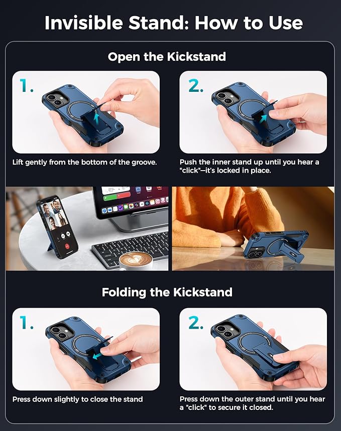 Goton for iPhone 16 Case with Privacy Tempered Glass Screen Protector & Camera Lens Protector, Compatible with MagSafe, Invisible Kickstand, Shockproof Phone Cover for iPhone16, Blue